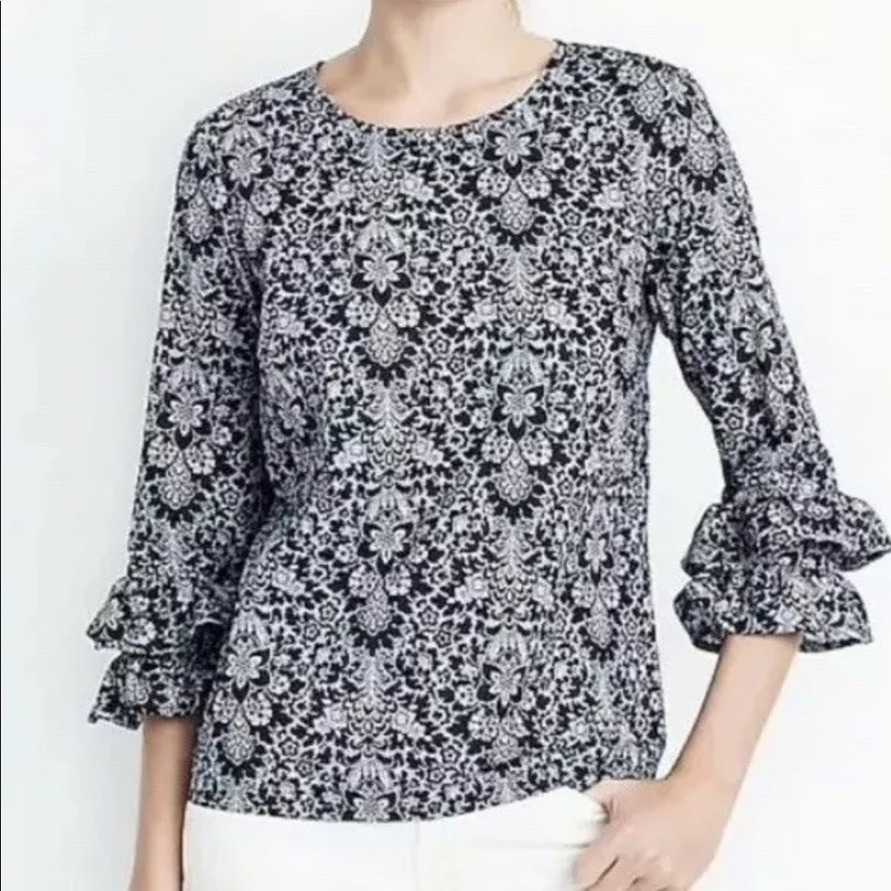 J Crew Blue Floral Double Ruffle 3/4 Sleeve Top